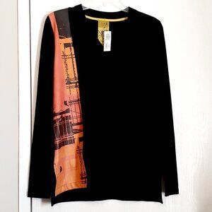 NWT - VOLT DESIGN Black V-Neck Sweater Top w Faux Leather Contrast; Size Small